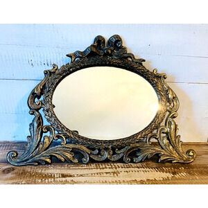 Vintage Brass Ornate Ribbon Bow Wall Hanging Mirror 16.25" W x 11.5" T